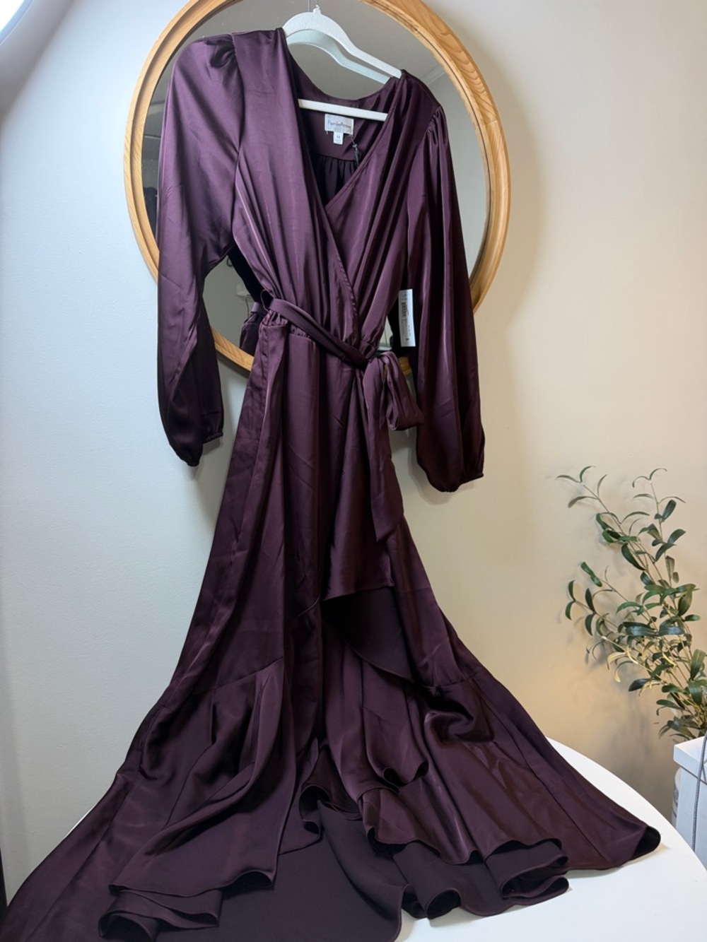 Women's Deep Plum Satin Wrap Maxi Dress‎ with Self-Tie Waist